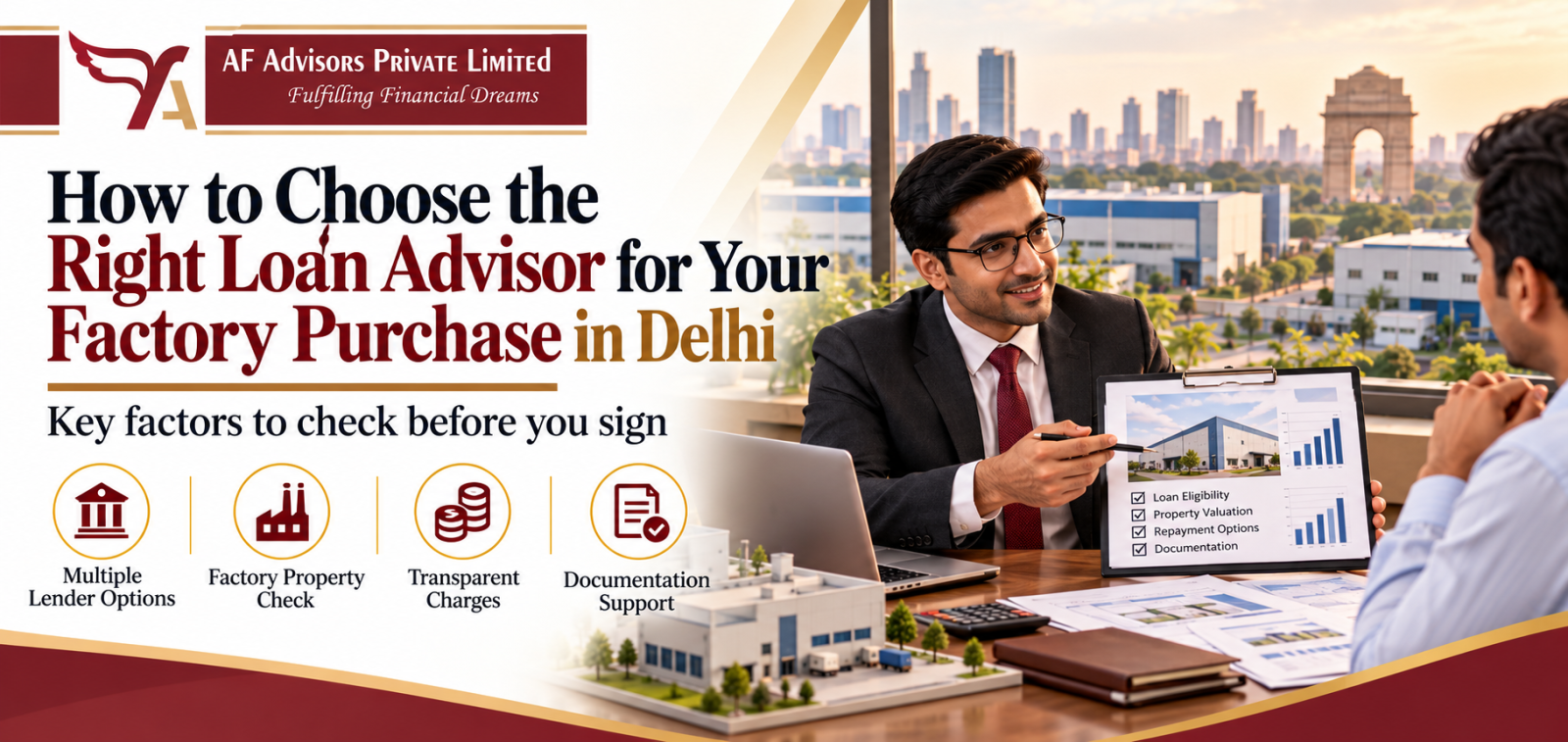 Loan advisor consulting a client for factory purchase financing in Delhi, showing industrial property loan documents and loan eligibility details