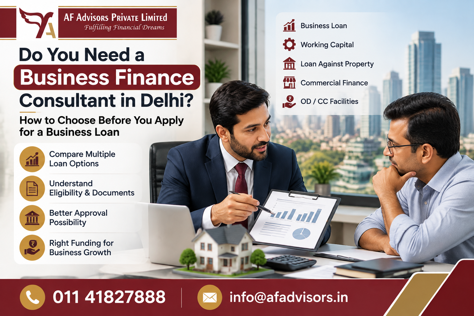 Business finance consultant in Delhi discussing business loan options, working capital solutions, loan against property, commercial finance and OD/CC facilities with a business owner at AF Advisors Private Limited.